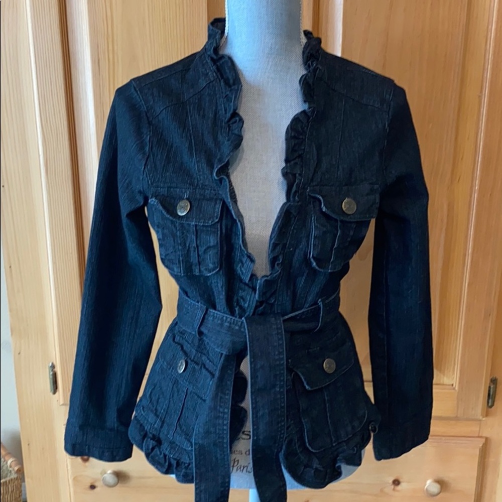 Destiny Platinum Ruffle Front Tie Denim Jacket JR M